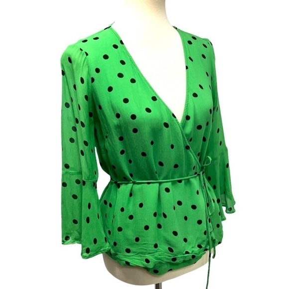 Ganni Dainty Georgette Green Polka Dot Bell Sleeve Wrap Top Women’s EU 36 - Picture 9 of 12